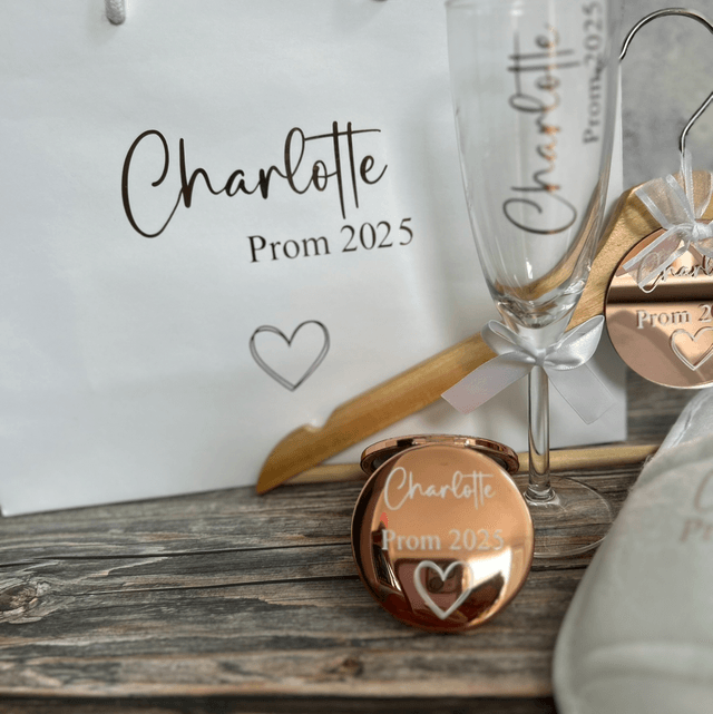 Prom Package - Hanger, bag, spa slippers, prosecco flute and compact mirror