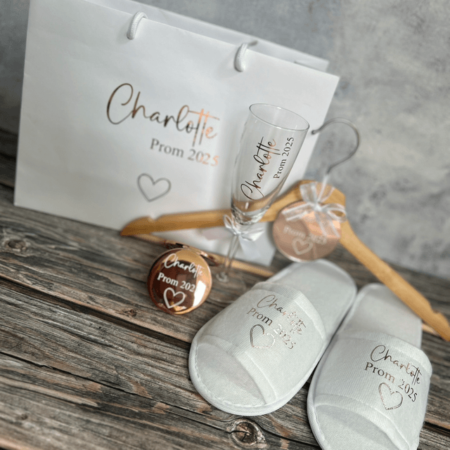 Prom Package - Hanger, bag, spa slippers, prosecco flute and compact mirror