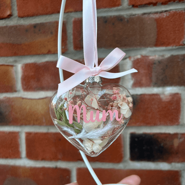 Mum glass heart bauble with artificial flowers