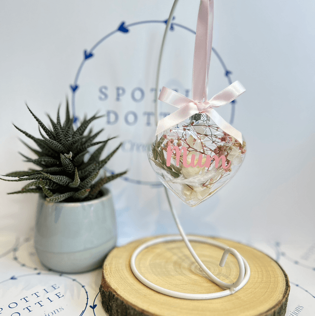 Mum glass heart bauble with artificial flowers