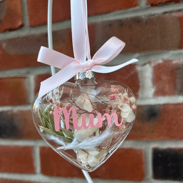 Mum glass heart bauble with artificial flowers
