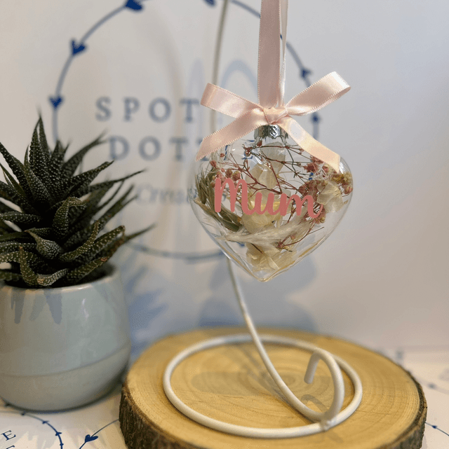 Mum glass heart bauble with artificial flowers