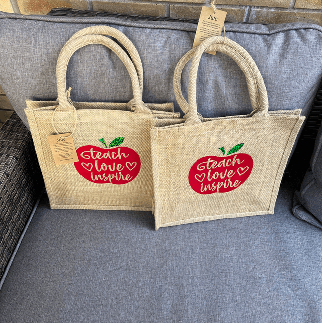 Teach love inspire jute tote bag