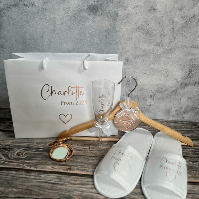 Prom Package - Hanger, bag, spa slippers, prosecco flute and compact mirror