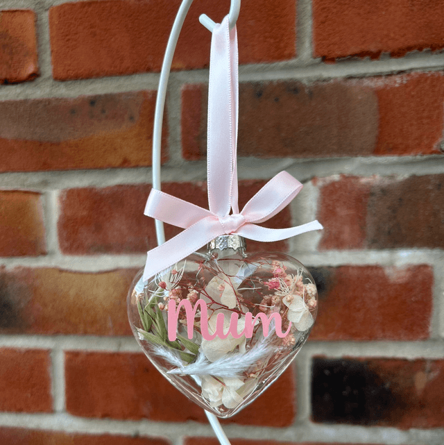 Mum glass heart bauble with artificial flowers